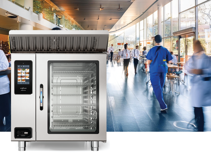 Prodigi combi oven in front of graphic of moving people