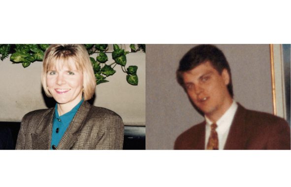 Headshot photo of Karen Hansen and Steve Maahs in the 1980s